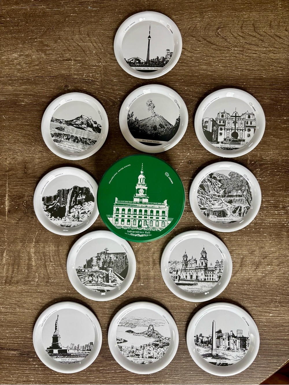 Rare Crown Decorative Souvenir Enameled Metal Coaster Set - Famous Landmarks